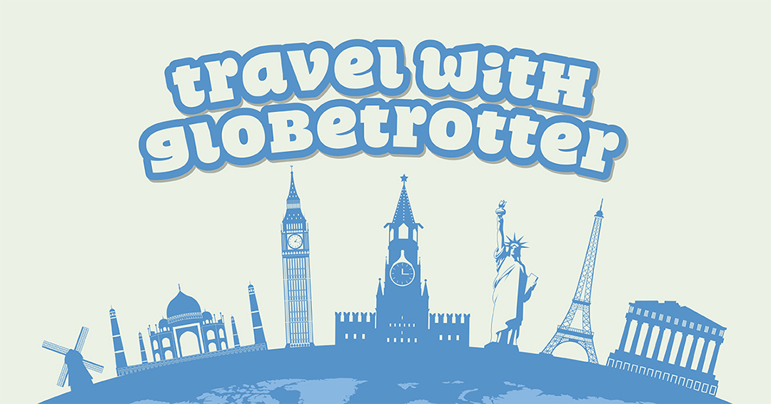 Grafična podoba Travel with Globetrotter s silhuetami svetovnih znamenitosti, ki simbolizirajo mednarodno povezanost in potovanja.